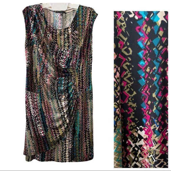 622 - GEOMETRIC MULTI COLOR DRESS WITH RUCHED WAIST - Picture 1 of 7